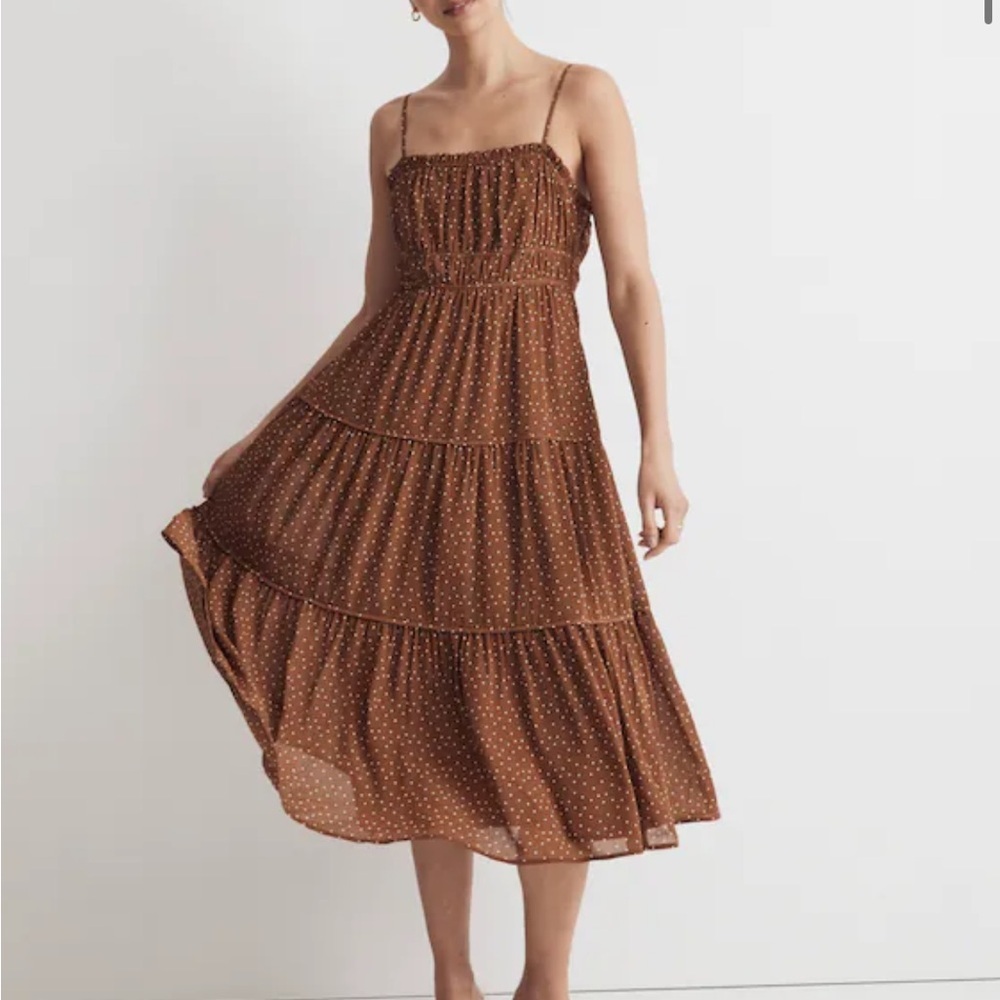 Madewell Sophia Cami Tiered Midi Dress in Dot Brown Polka Dot Sz 14 NEW